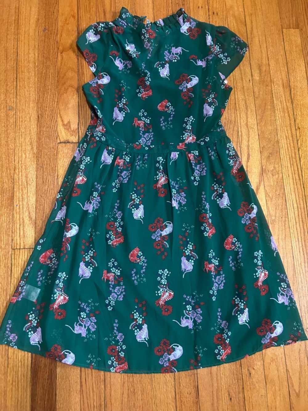 ModCloth Green Cats Dress XL Fully Lined Knee Length Whimsy Fairy Cute Kitchy - Picture 12 of 12